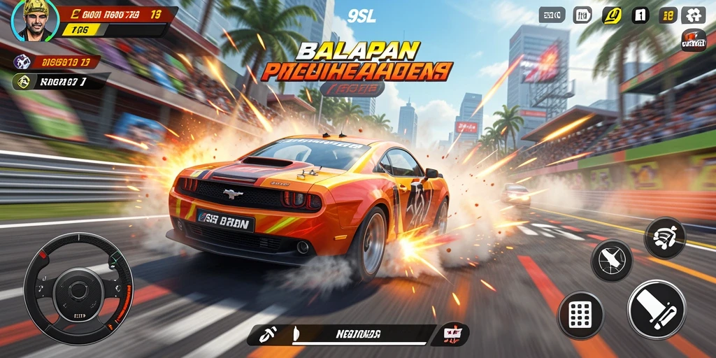 Screenshot gameplay 9SL menampilkan balapan seru di trek yang menantang.