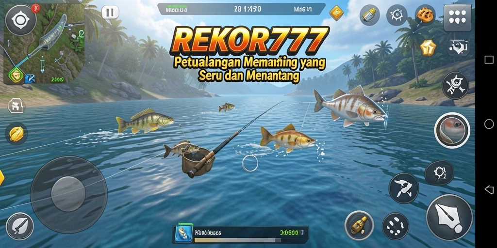 Screenshot <strong>REKOR777</strong> menunjukkan pemain menangkap ikan besar di lautan terbuka.