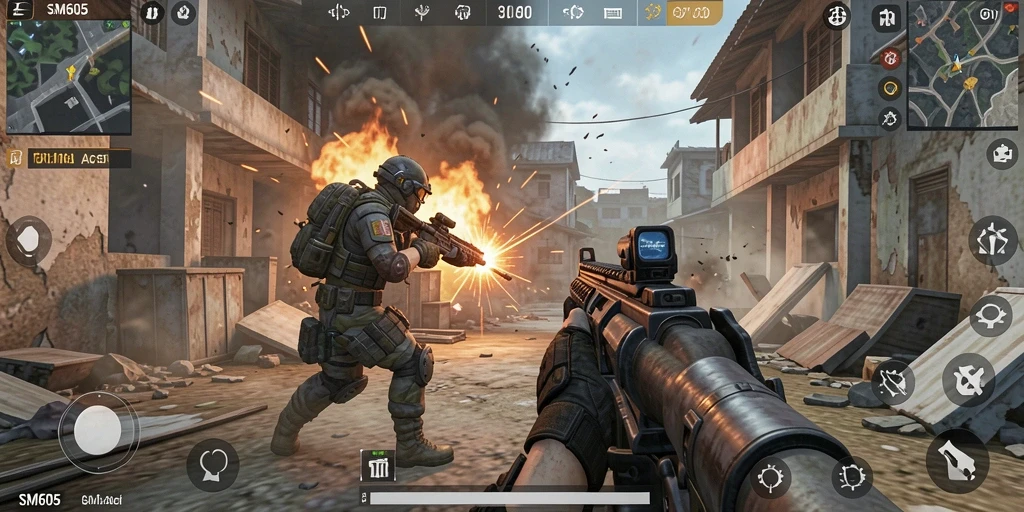 Gameplay menegangkan SM605 dengan aksi tembak-menembak.
